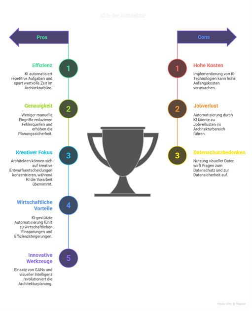 Infografik mit dem Titel ‚KI in der Architektur‘, die die Vor- und Nachteile von Künstlicher Intelligenz im Architekturbereich gegenüberstellt. Links in Grün sind die Vorteile gelistet: Effizienz, Genauigkeit, kreativer Fokus, wirtschaftliche Vorteile und innovative Werkzeuge. Rechts in Rot/Gelb sind die Nachteile aufgeführt: Hohe Kosten, Jobverlust und Datenschutzbedenken. In der Mitte befindet sich ein Pokal-Symbol, das eine ausgewogene Bewertung symbolisiert.