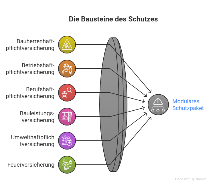 Visualisierung der Bausteine einer Baukombi-Versicherung: Sechs farbige Icons symbolisieren die Bestandteile – Bauherrenhaftpflicht-, Betriebshaftpflicht-, Berufshaftpflicht-, Bauleistungs-, Umwelthaftpflicht- und Feuerversicherung. Diese fließen als Module in ein gemeinsames „Modulares Schutzpaket“ ein. Die Grafik zeigt den gebündelten Versicherungsschutz als zentrales Element.