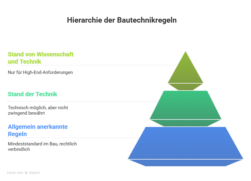 Pyramidenförmige Darstellung der Hierarchie von Bautechnikregeln mit drei Ebenen. Die unterste Ebene ist blau und steht für 'Allgemein anerkannte Regeln' – sie sind der Mindeststandard im Bau und rechtlich verbindlich. Die mittlere, grüne Ebene steht für den 'Stand der Technik' – technisch möglich, aber nicht zwingend bewährt. Die oberste, kleine, hellgrüne Spitze symbolisiert den 'Stand von Wissenschaft und Technik', der nur bei High-End-Anforderungen relevant ist.