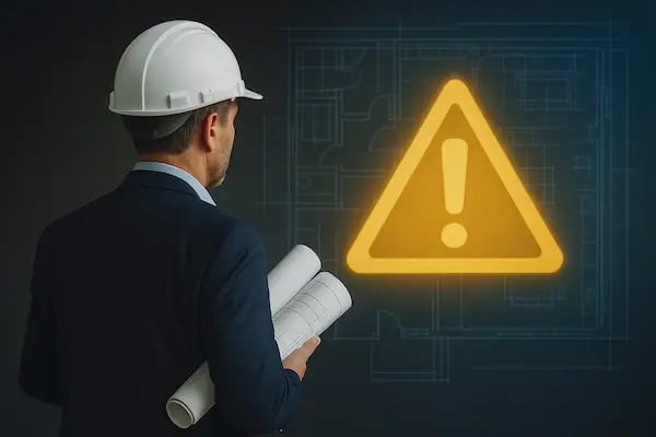 Illustration eines Architekten mit Helm und Bauplänen vor einem Bauplan-Hintergrund, daneben ein leuchtendes Warnsymbol – Symbolbild für Haftungsrisiken in Planungsbüros.-2 (1)