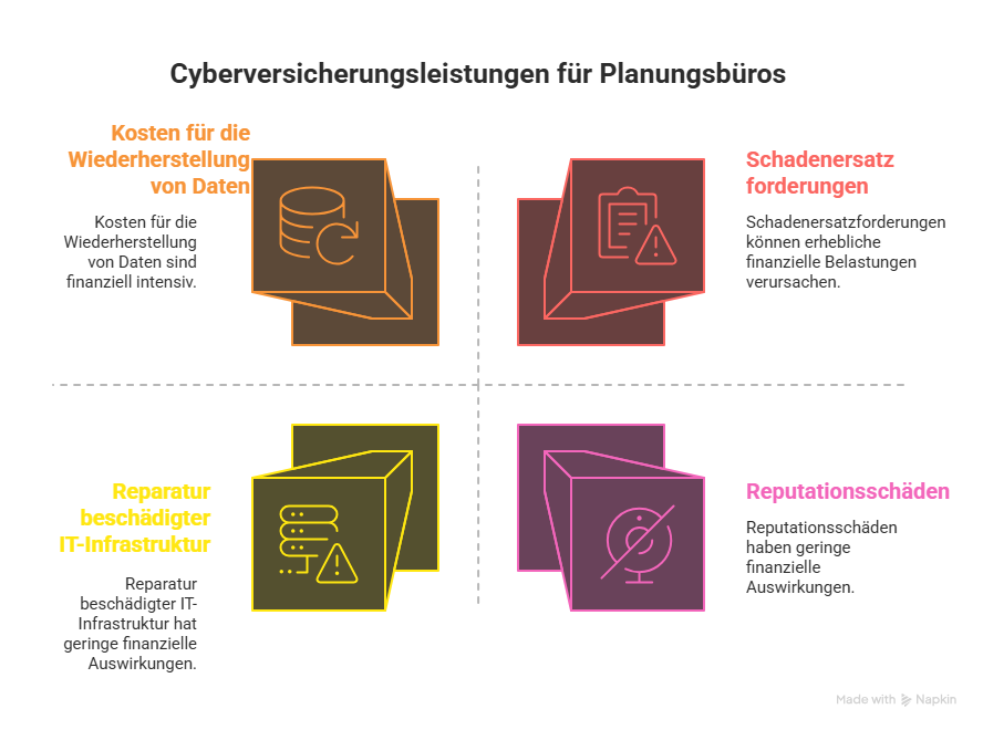 Infografik zu Cyberversicherungsleistungen für Planungsbüros: Darstellung von vier zentralen Schadensarten – Datenwiederherstellung, Schadenersatzforderungen, Reparatur beschädigter IT-Infrastruktur und Reputationsschäden – mit Icons und farblich codierten Boxen