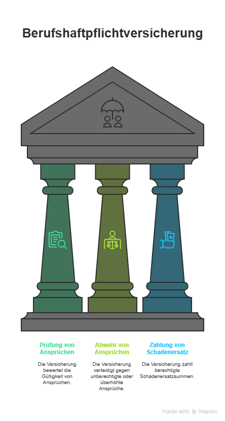 Infografik zur Berufshaftpflichtversicherung mit drei Säulen: Prüfung von Ansprüchen, Abwehr unberechtigter Forderungen, Zahlung von Schadenersatz – symbolisiert den Schutz für Architekten vor Haftungsrisiken.